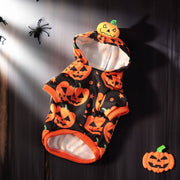 Halloween pumpkin sweater for dogs and cats with hood and bright orange jack-o-lantern design for cozy pet wear